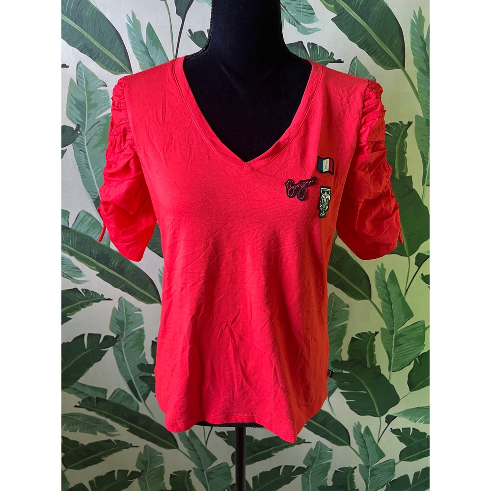 Karl Lagerfeld Paris Ruched Sleeve Patch Top Women Small Red